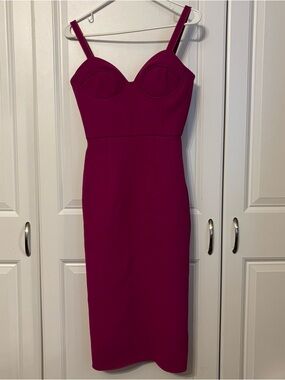 Fitted Spaghetti Strap Midi Dress in Magenta